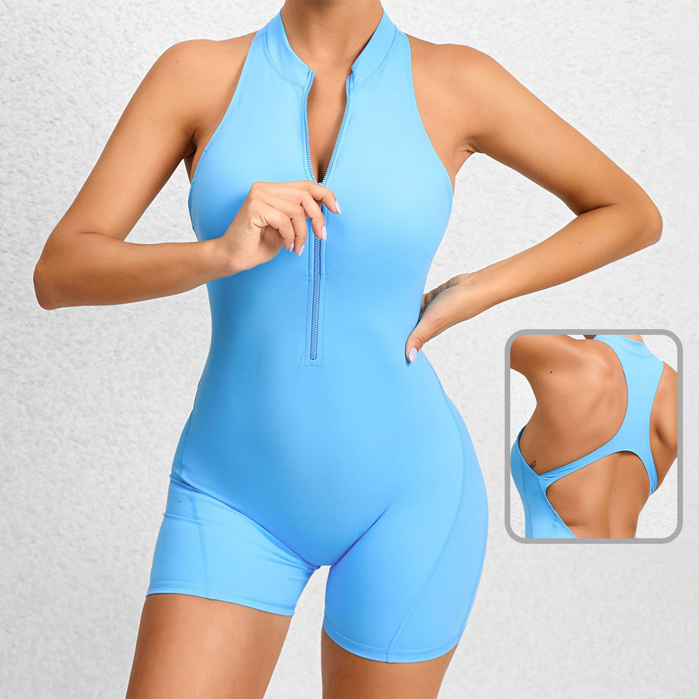 ZIPPERED YOGA FITNESS SHORTS JUMPSUIT