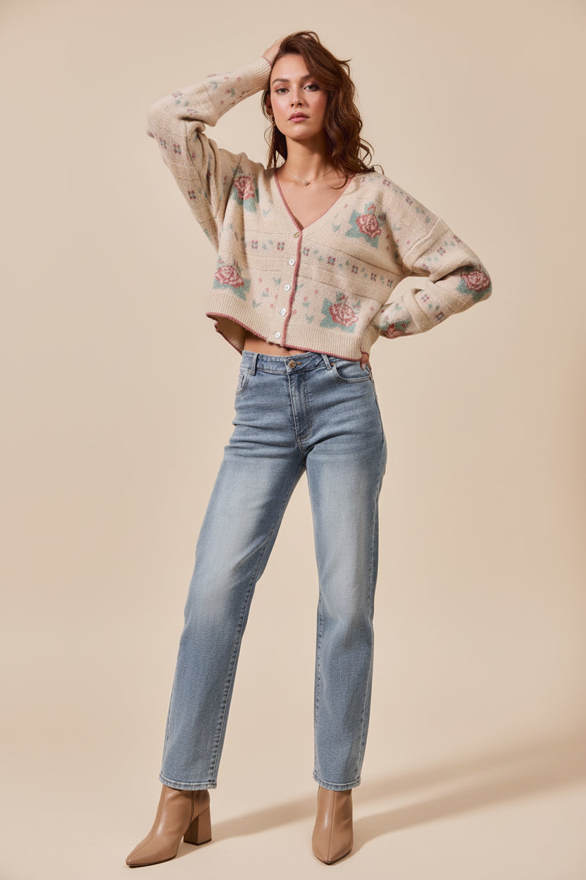 FLORAL PATTERN LONG SLEEVE SWEATER CARDIGAN