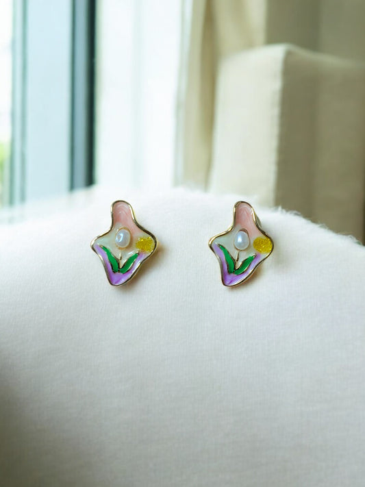PASTEL BLOOM ENAMEL & PEARL STUD EARRINGS