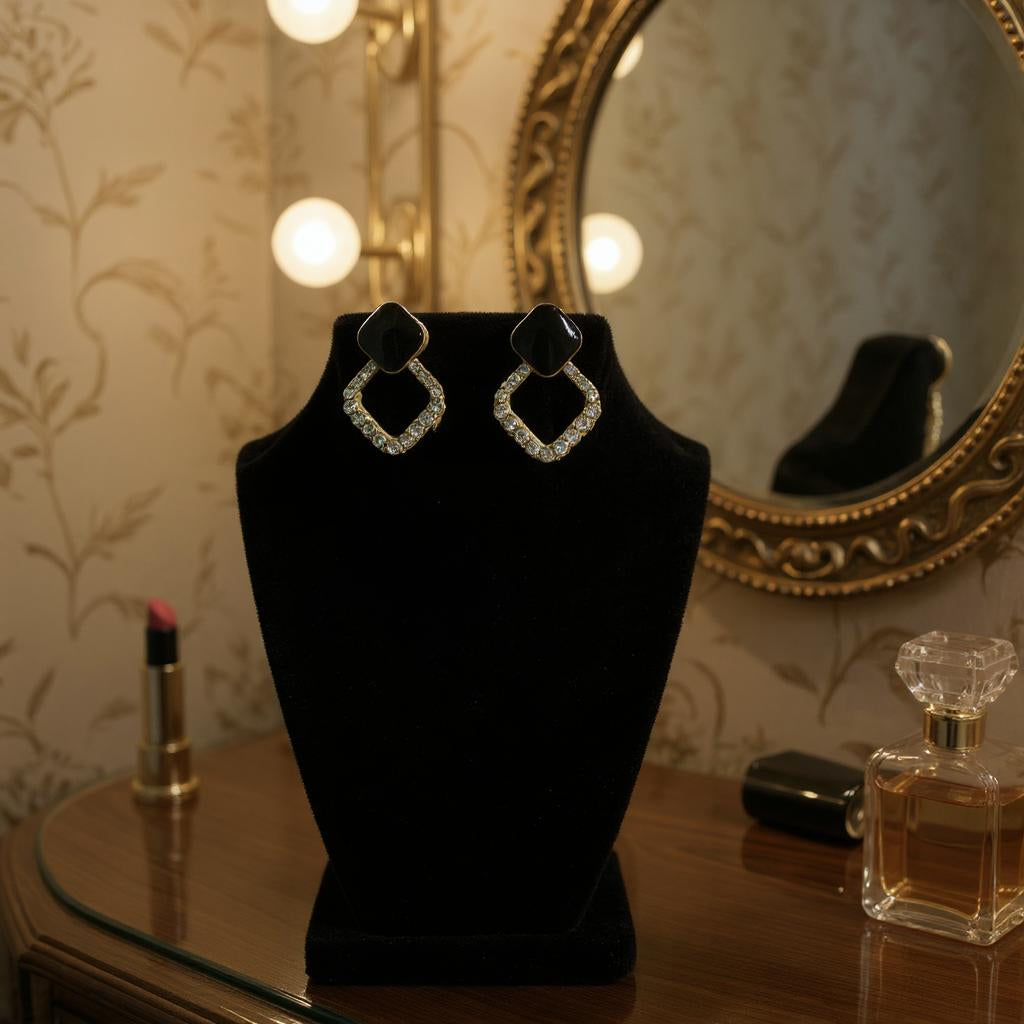 BLACK & CRYSTAL GEOMETRIC DROP EARRINGS