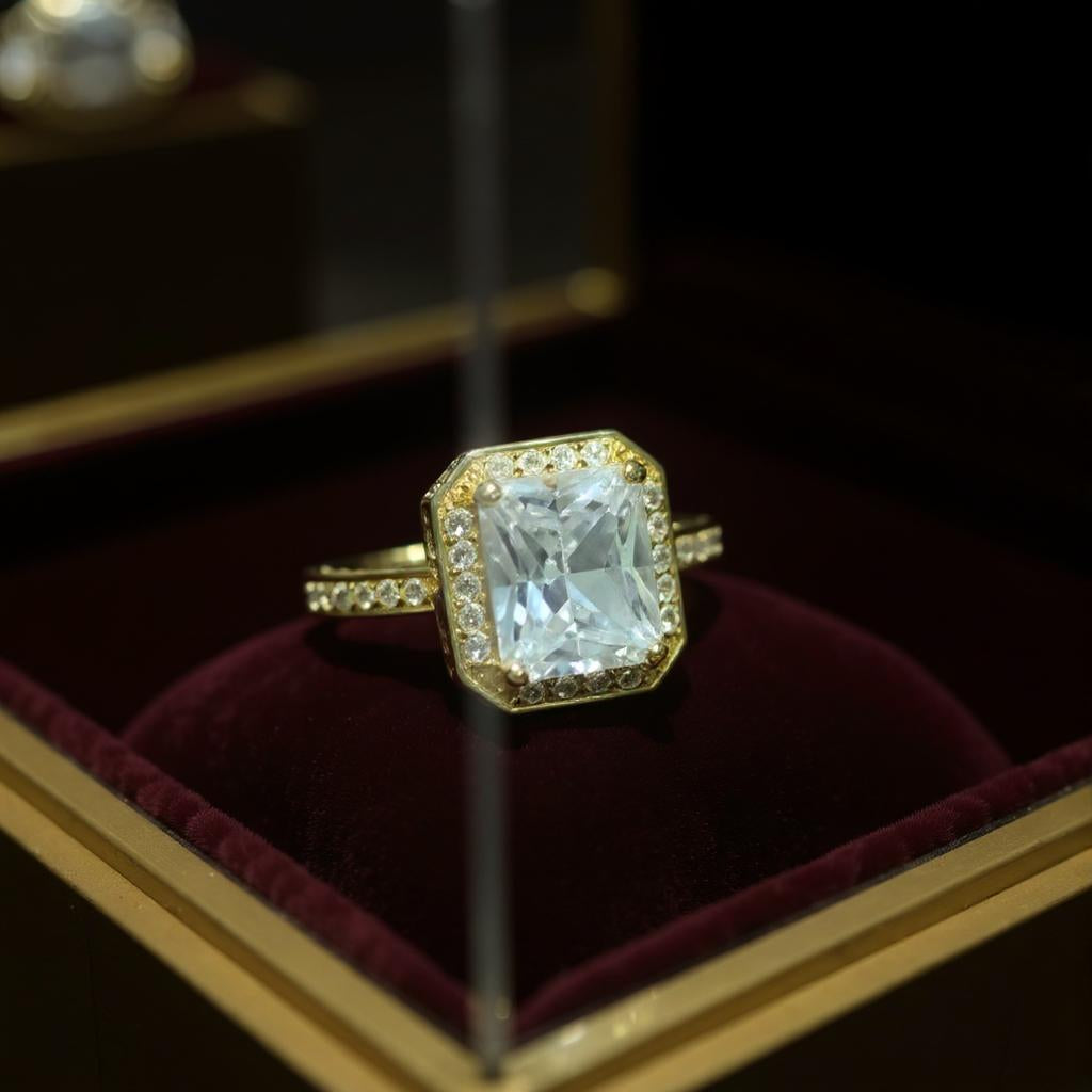 ROYAL RADIANCE EMERALD CUT CRYSTAL GOLD RING