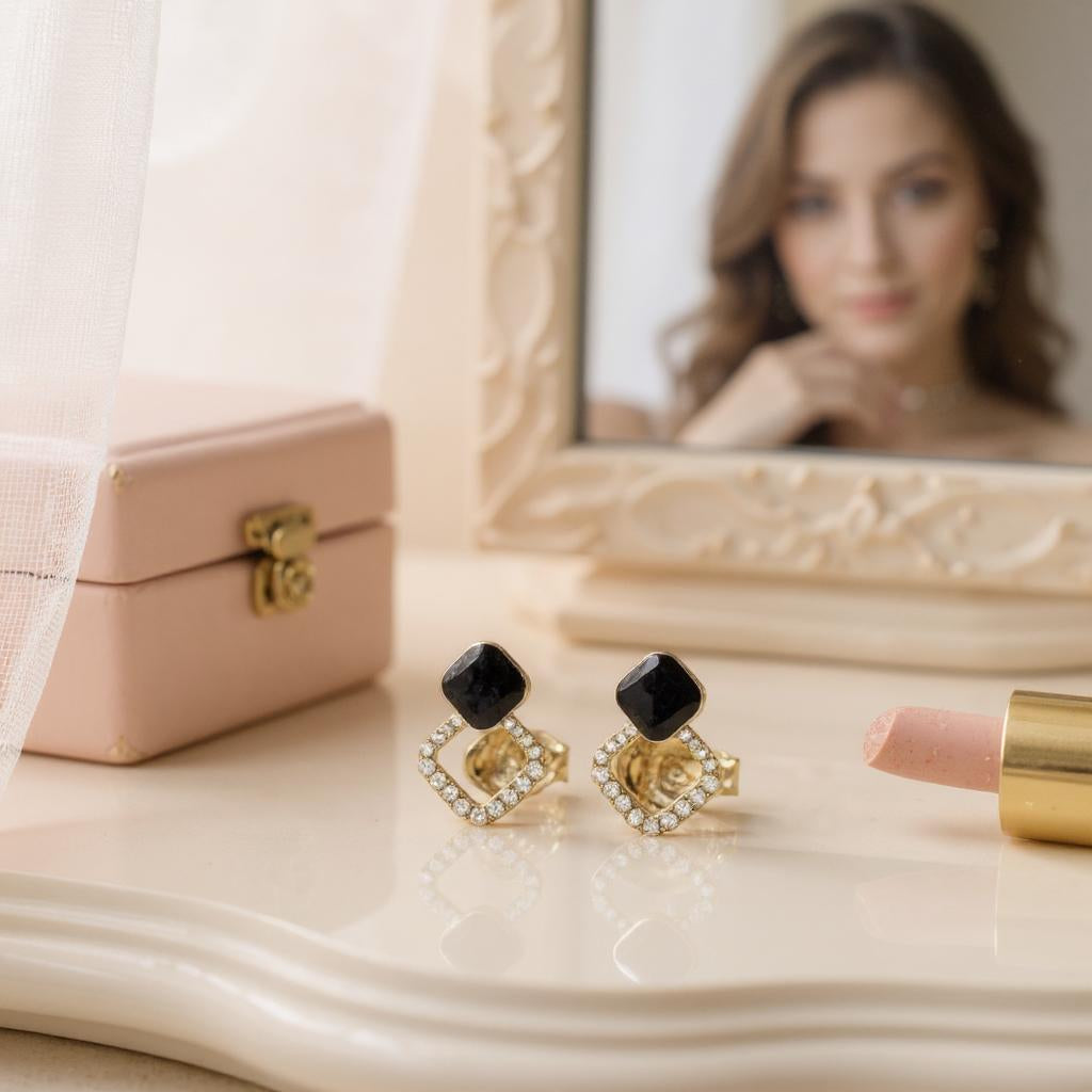 BLACK & CRYSTAL GEOMETRIC DROP EARRINGS