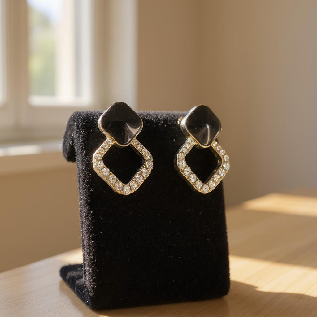 BLACK & CRYSTAL GEOMETRIC DROP EARRINGS