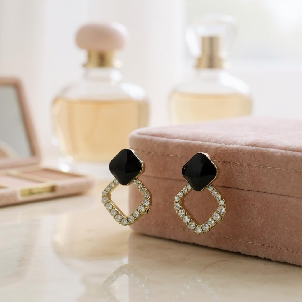 BLACK & CRYSTAL GEOMETRIC DROP EARRINGS