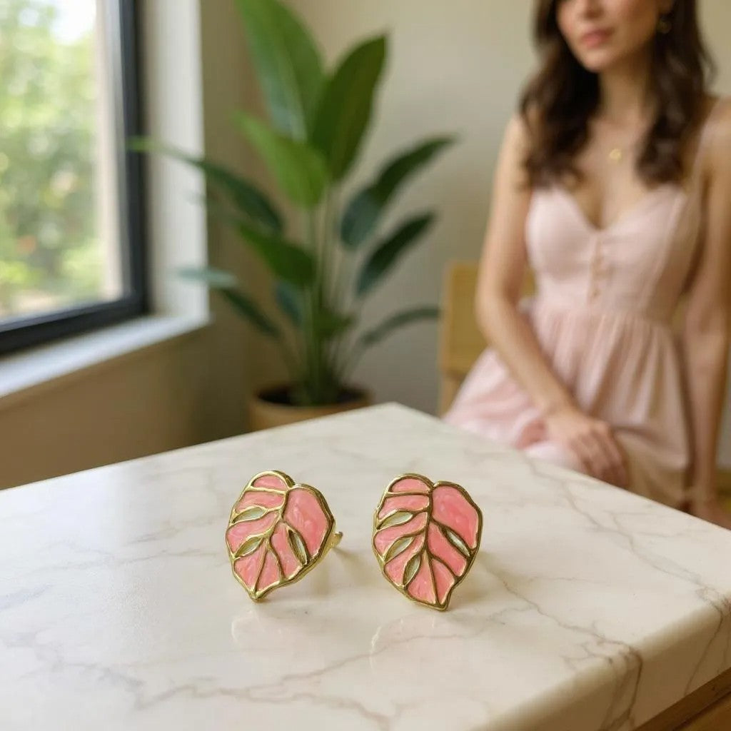 BLUSH PINK LEAF STUD EARRINGS