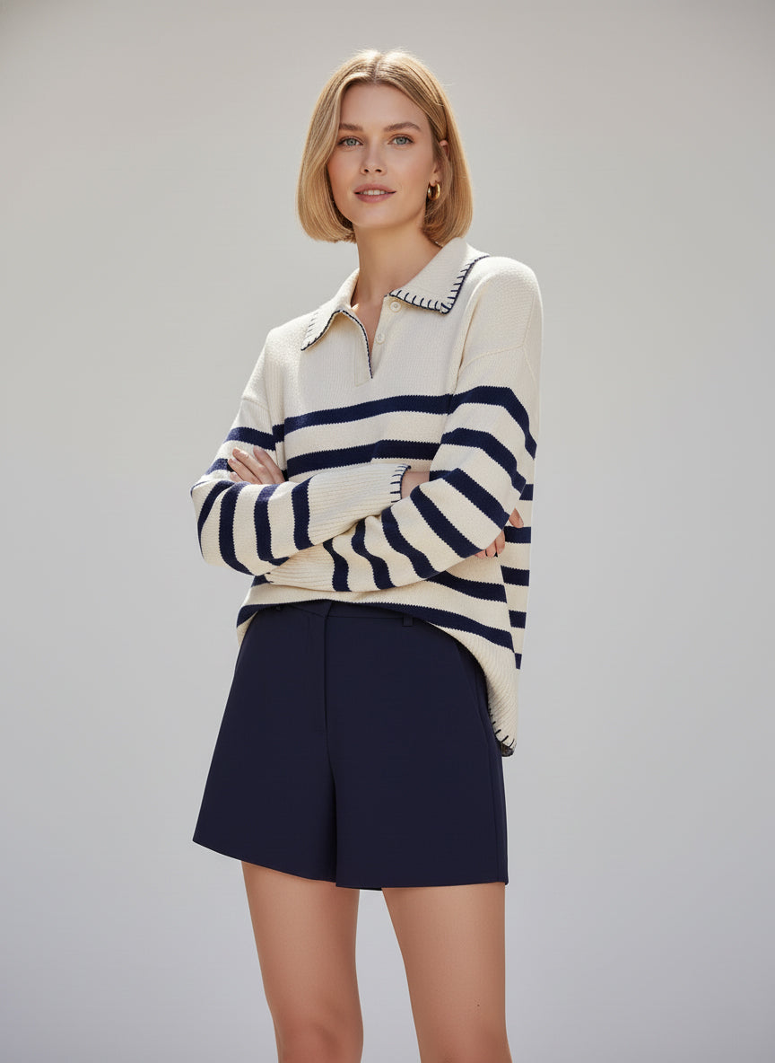 STRIPED JOHNNY COLLAR SWEATER