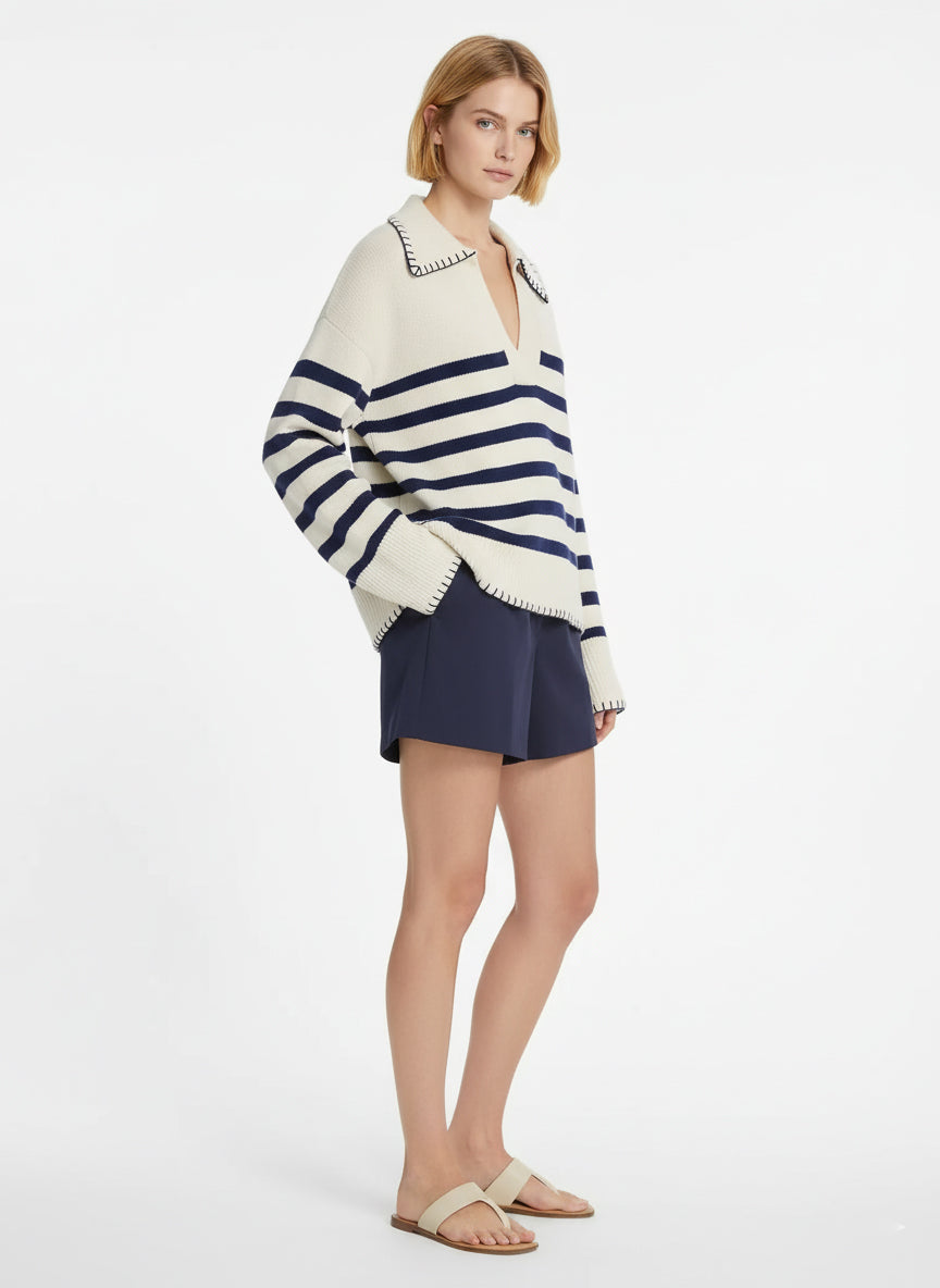 STRIPED JOHNNY COLLAR SWEATER