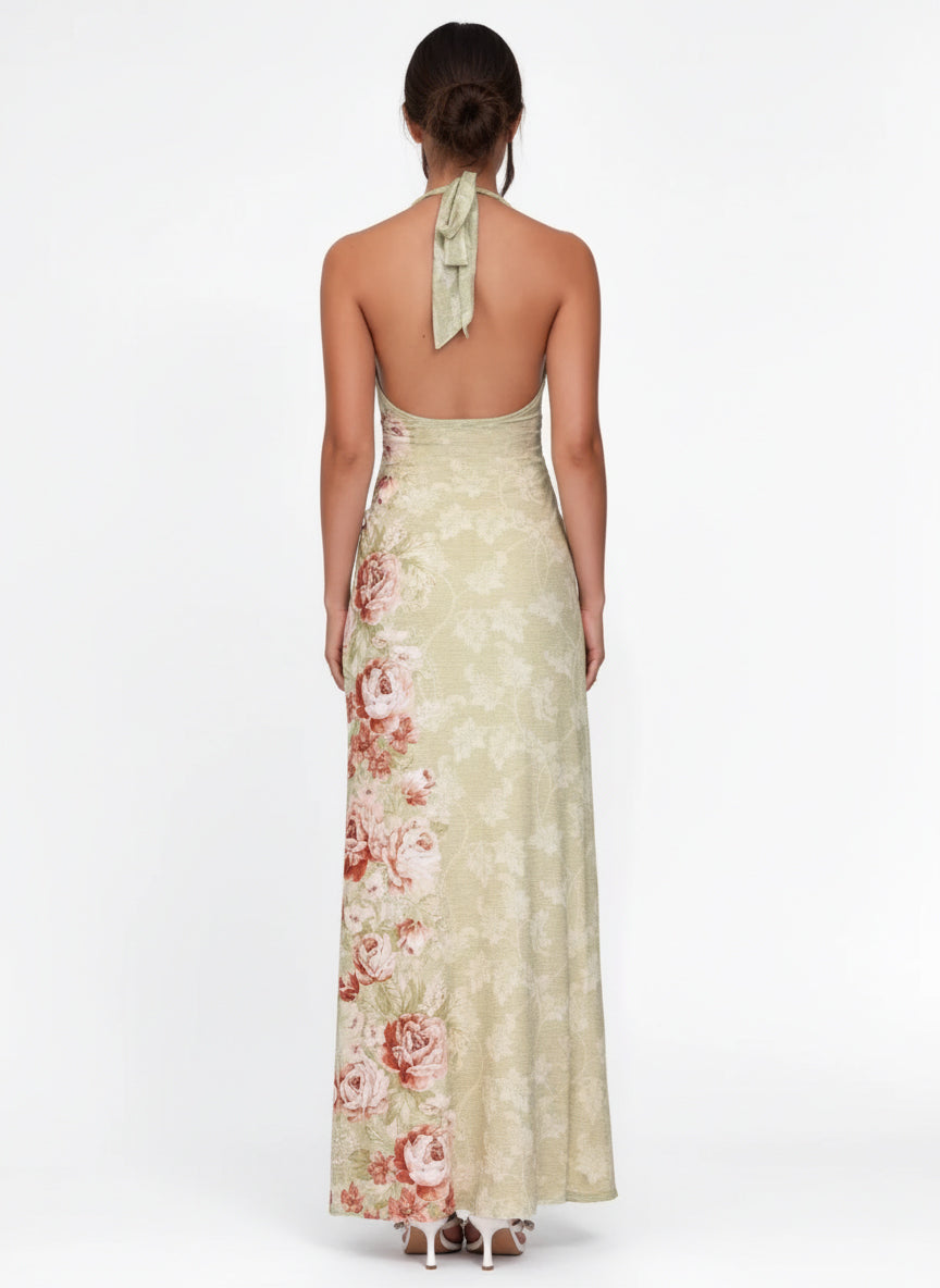 FLORAL PRINT HALTER NECK MAXI DRESS