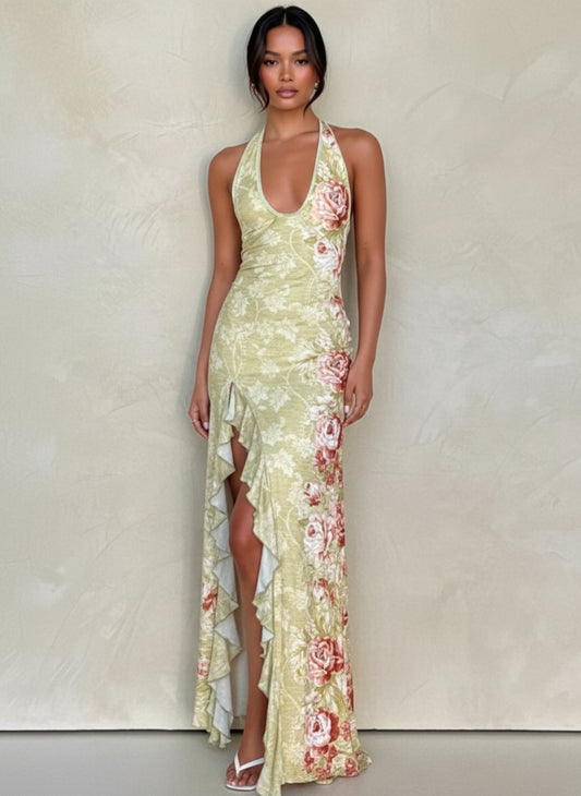FLORAL PRINT HALTER NECK MAXI DRESS