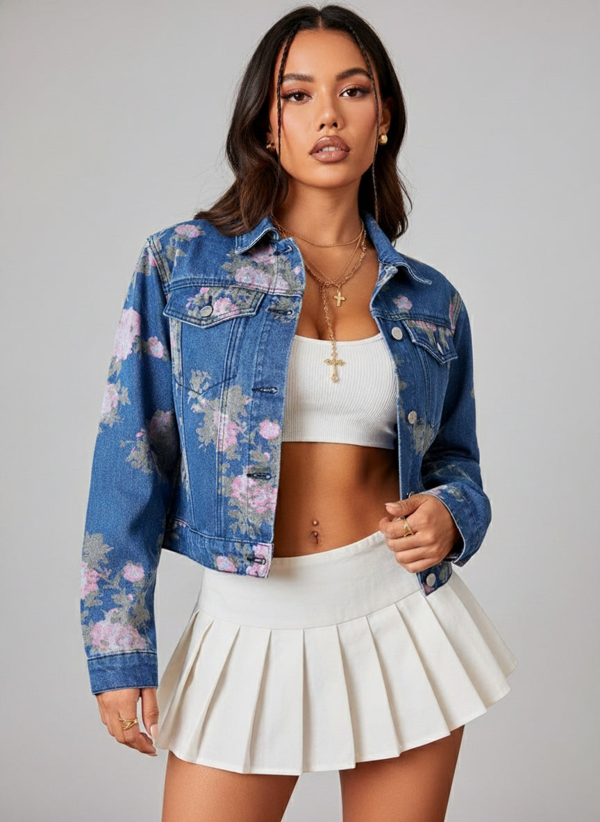 FLORAL PRINT CROPPED DENIM JACKET
