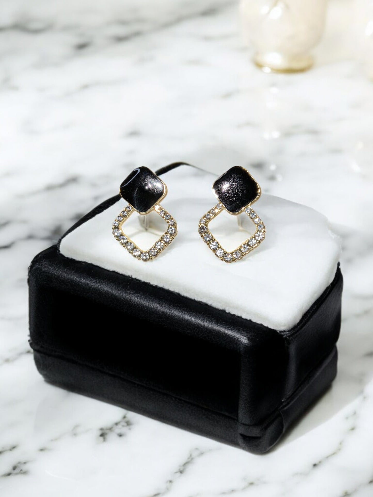 BLACK & CRYSTAL GEOMETRIC DROP EARRINGS
