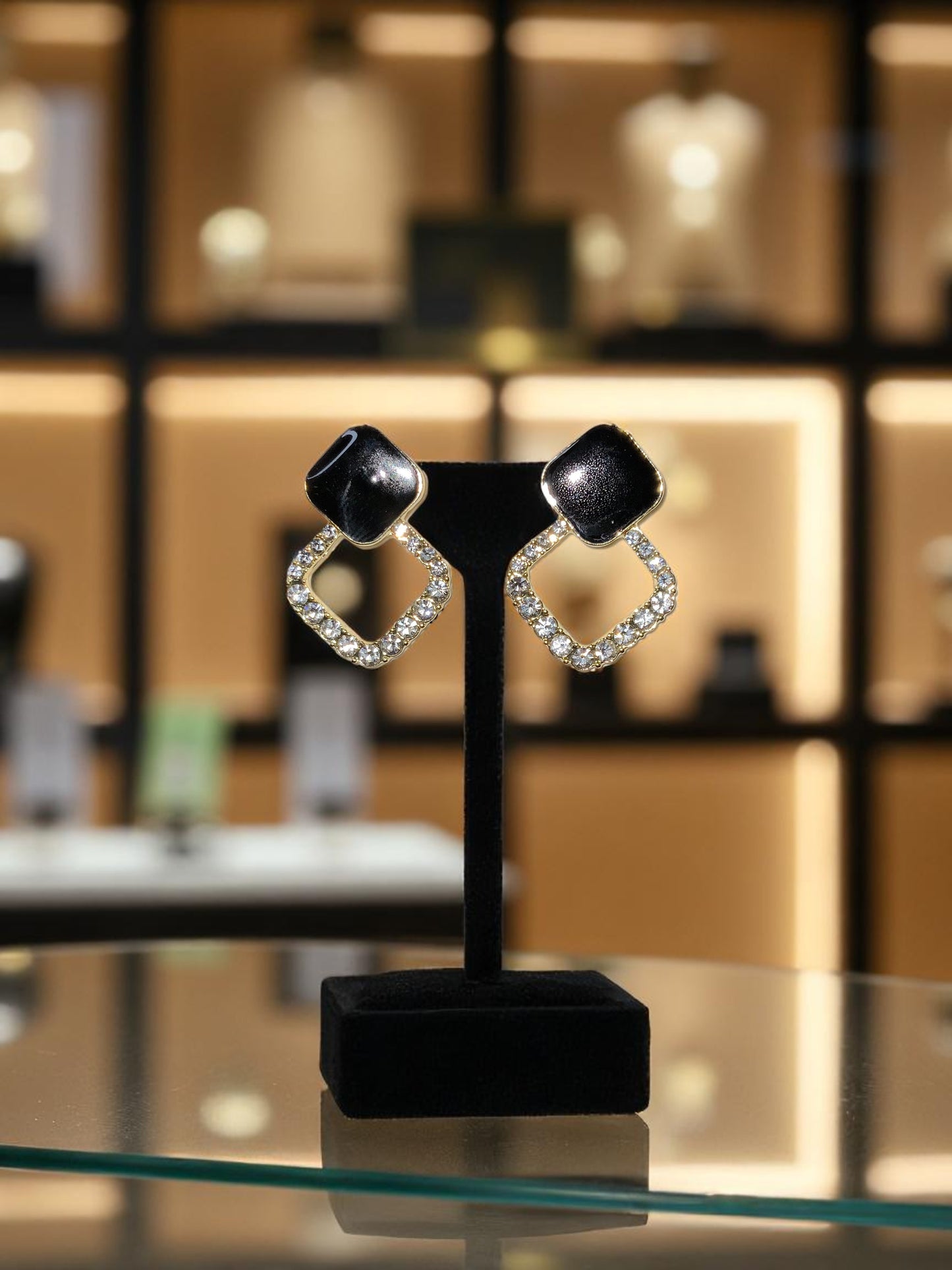 BLACK & CRYSTAL GEOMETRIC DROP EARRINGS