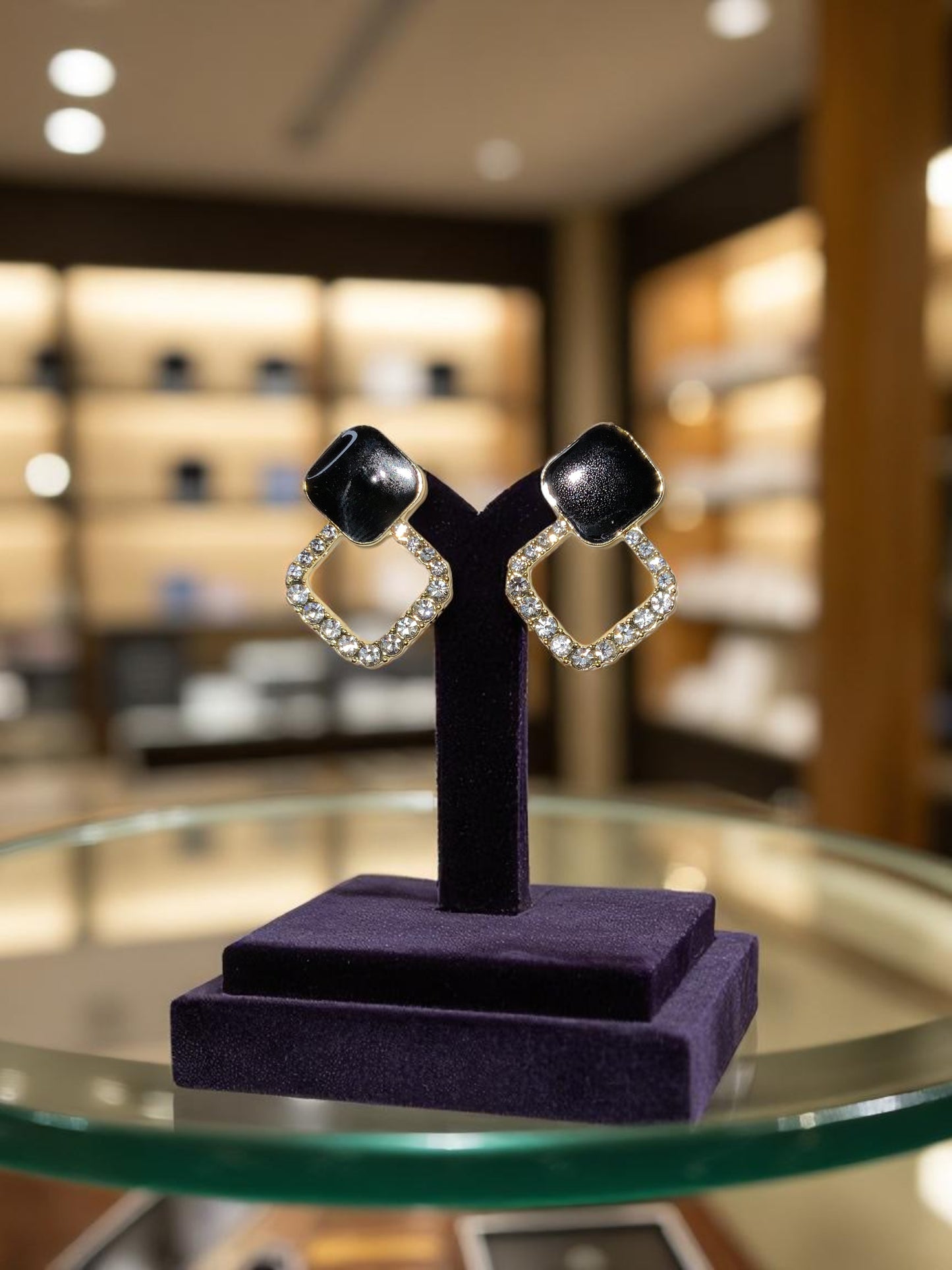 BLACK & CRYSTAL GEOMETRIC DROP EARRINGS