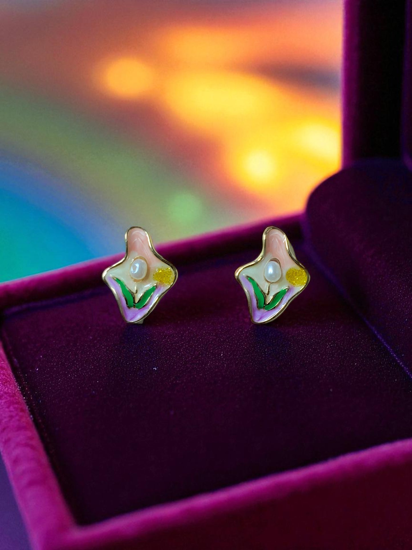 PASTEL BLOOM ENAMEL & PEARL STUD EARRINGS