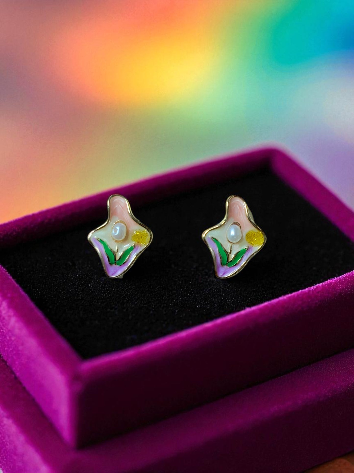 PASTEL BLOOM ENAMEL & PEARL STUD EARRINGS