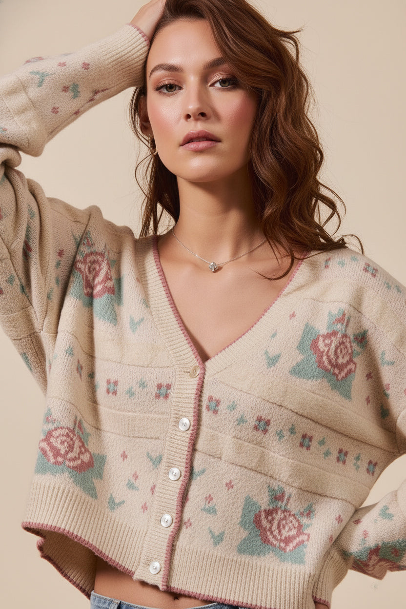 FLORAL PATTERN LONG SLEEVE SWEATER CARDIGAN