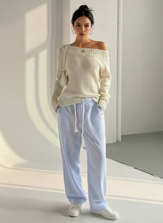 RIBBED KNIT BOAT NECK SWEATER