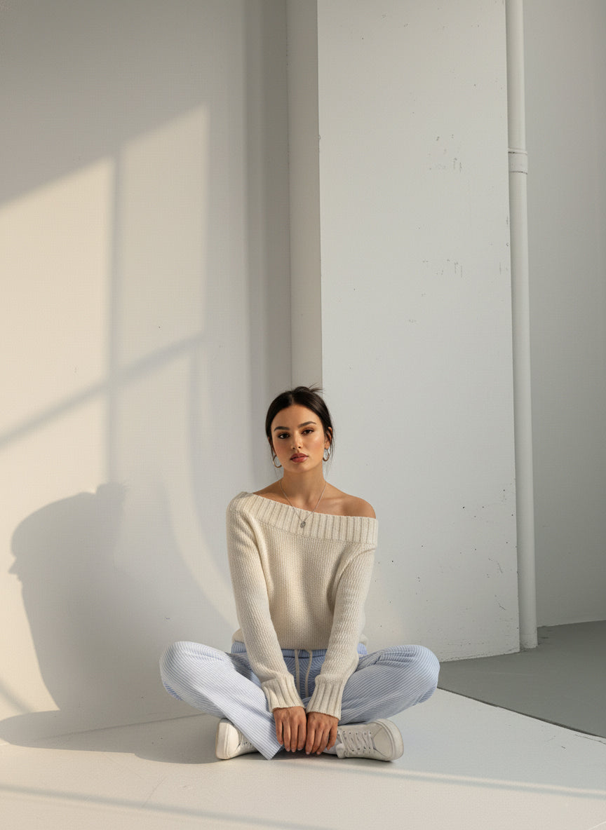 RIBBED KNIT BOAT NECK SWEATER