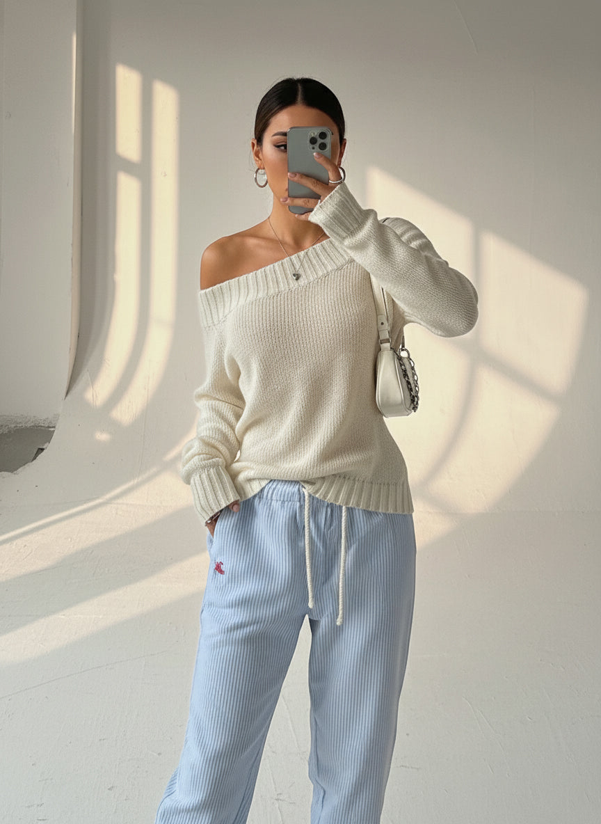 RIBBED KNIT BOAT NECK SWEATER