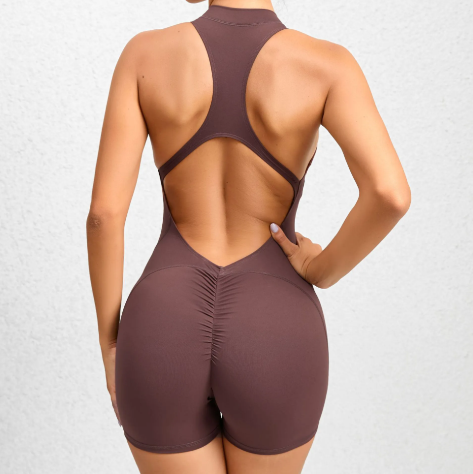 ZIPPERED YOGA FITNESS SHORTS JUMPSUIT