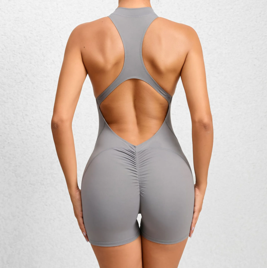 ZIPPERED YOGA FITNESS SHORTS JUMPSUIT