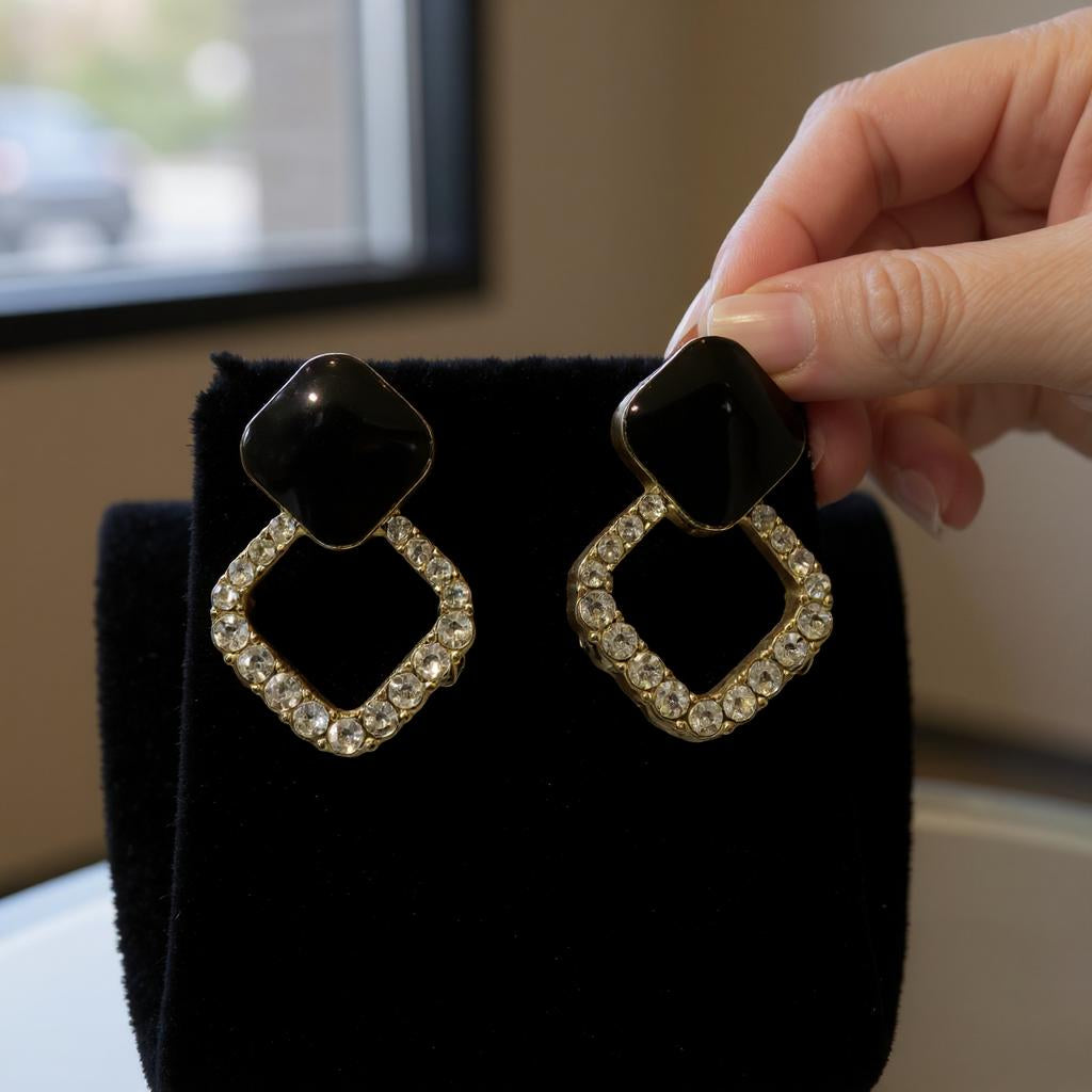 BLACK & CRYSTAL GEOMETRIC DROP EARRINGS