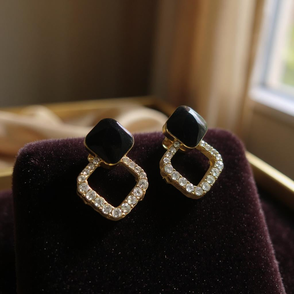 BLACK & CRYSTAL GEOMETRIC DROP EARRINGS