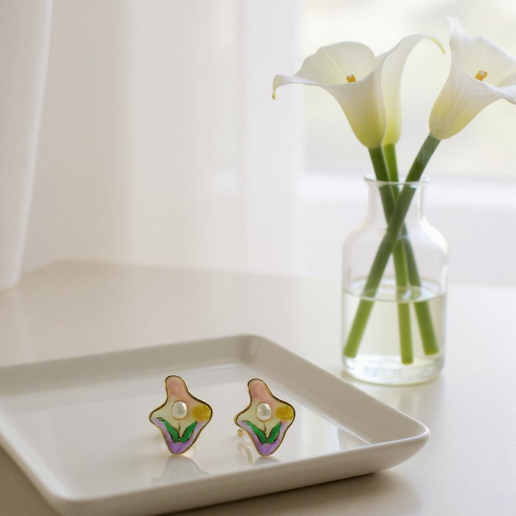 PASTEL BLOOM ENAMEL & PEARL STUD EARRINGS