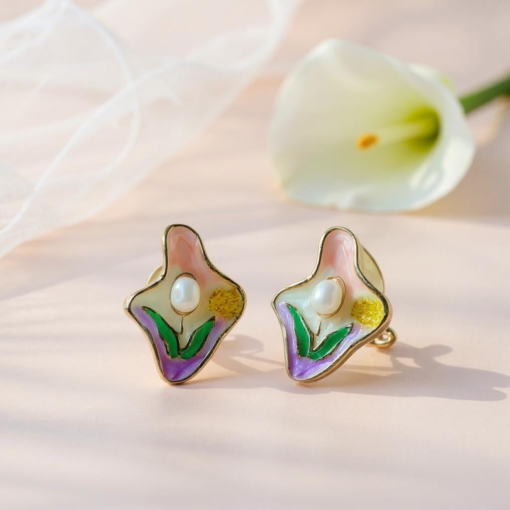PASTEL BLOOM ENAMEL & PEARL STUD EARRINGS