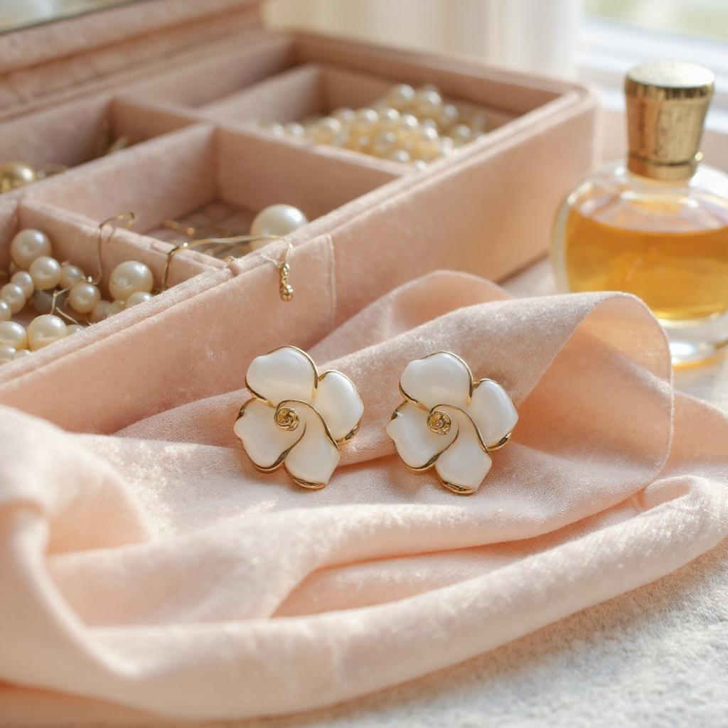 IVORY BLOOM ENAMEL FLOWER STUD EARRINGS