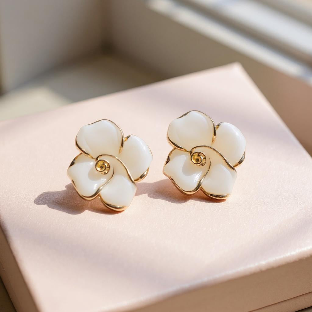 IVORY BLOOM ENAMEL FLOWER STUD EARRINGS