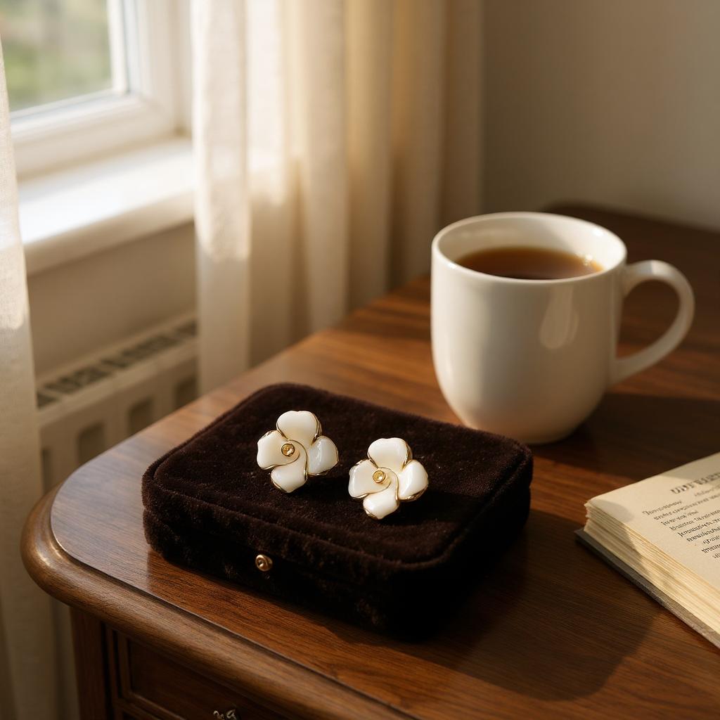 IVORY BLOOM ENAMEL FLOWER STUD EARRINGS