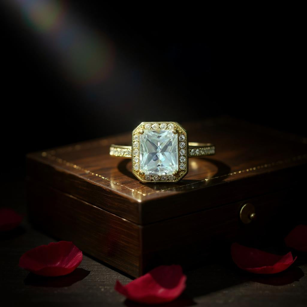 ROYAL RADIANCE EMERALD CUT CRYSTAL GOLD RING