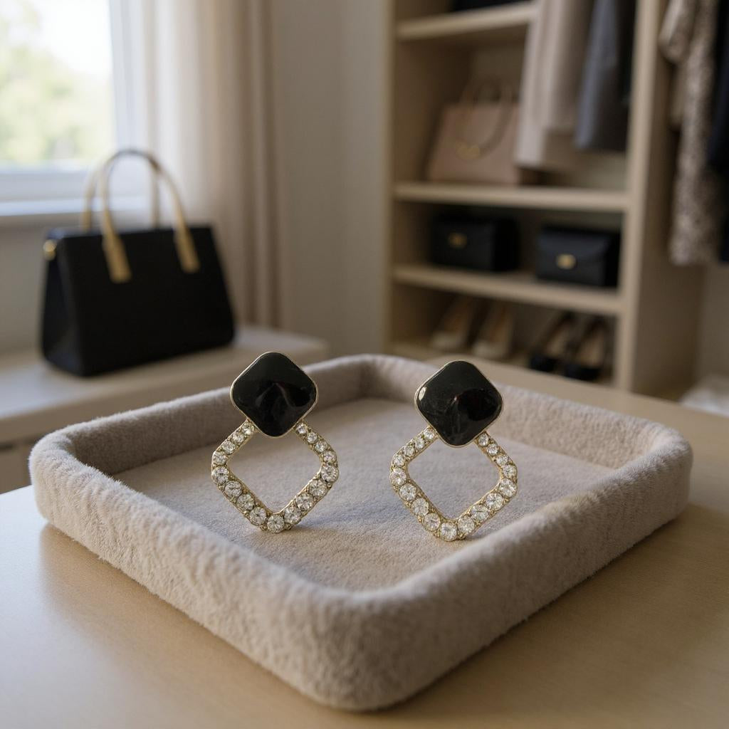BLACK & CRYSTAL GEOMETRIC DROP EARRINGS
