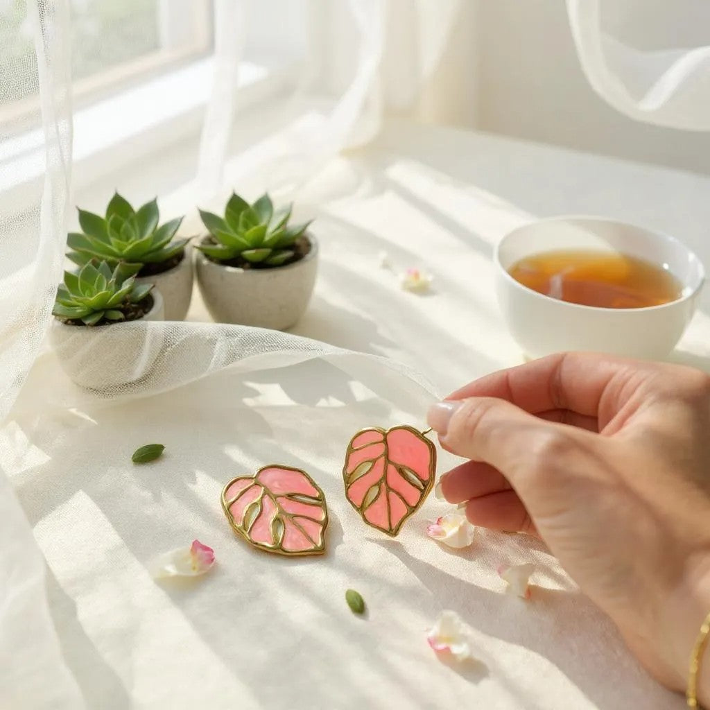 BLUSH PINK LEAF STUD EARRINGS