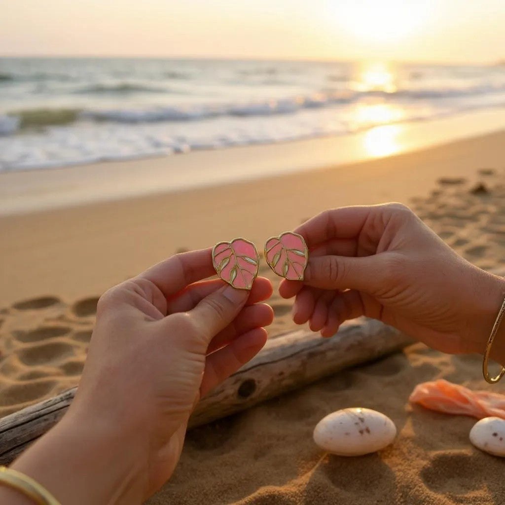 BLUSH PINK LEAF STUD EARRINGS