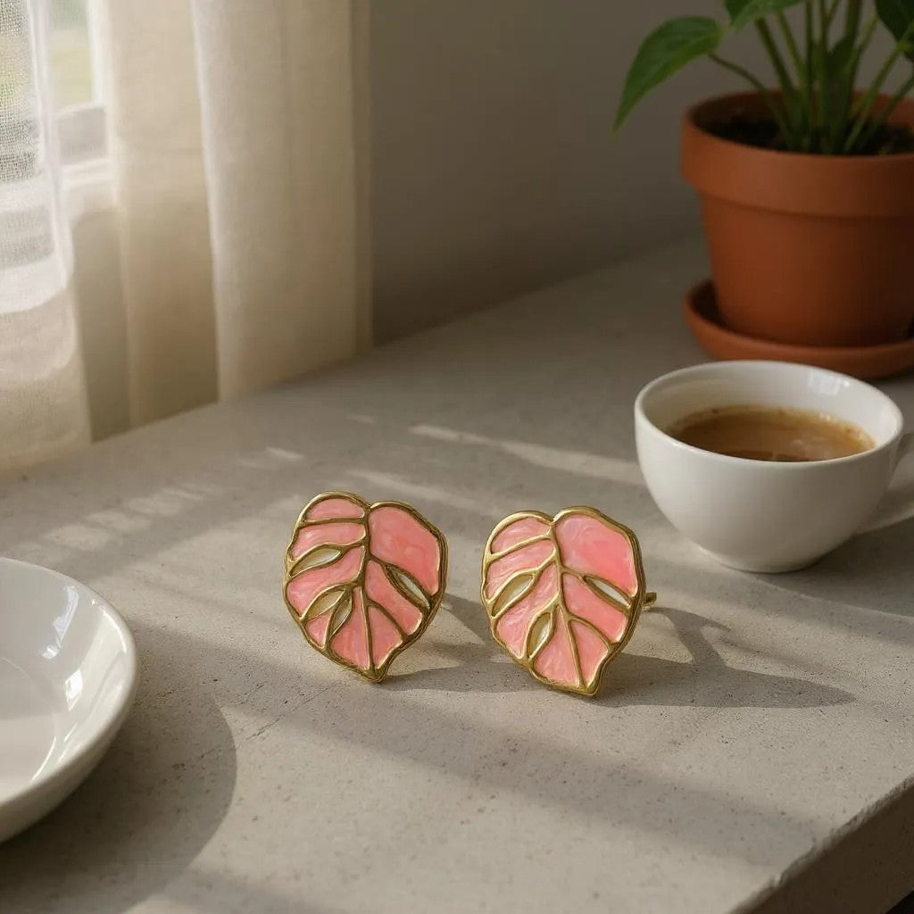 BLUSH PINK LEAF STUD EARRINGS