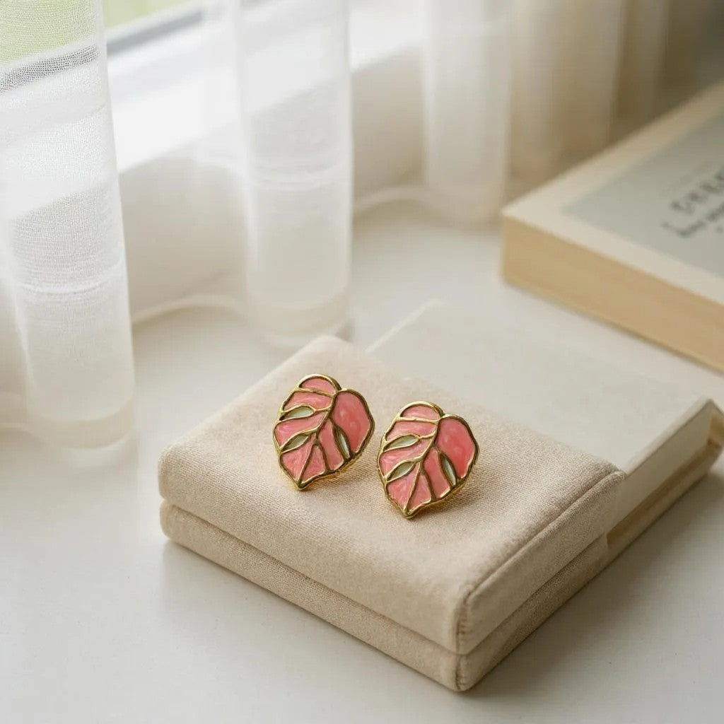 BLUSH PINK LEAF STUD EARRINGS